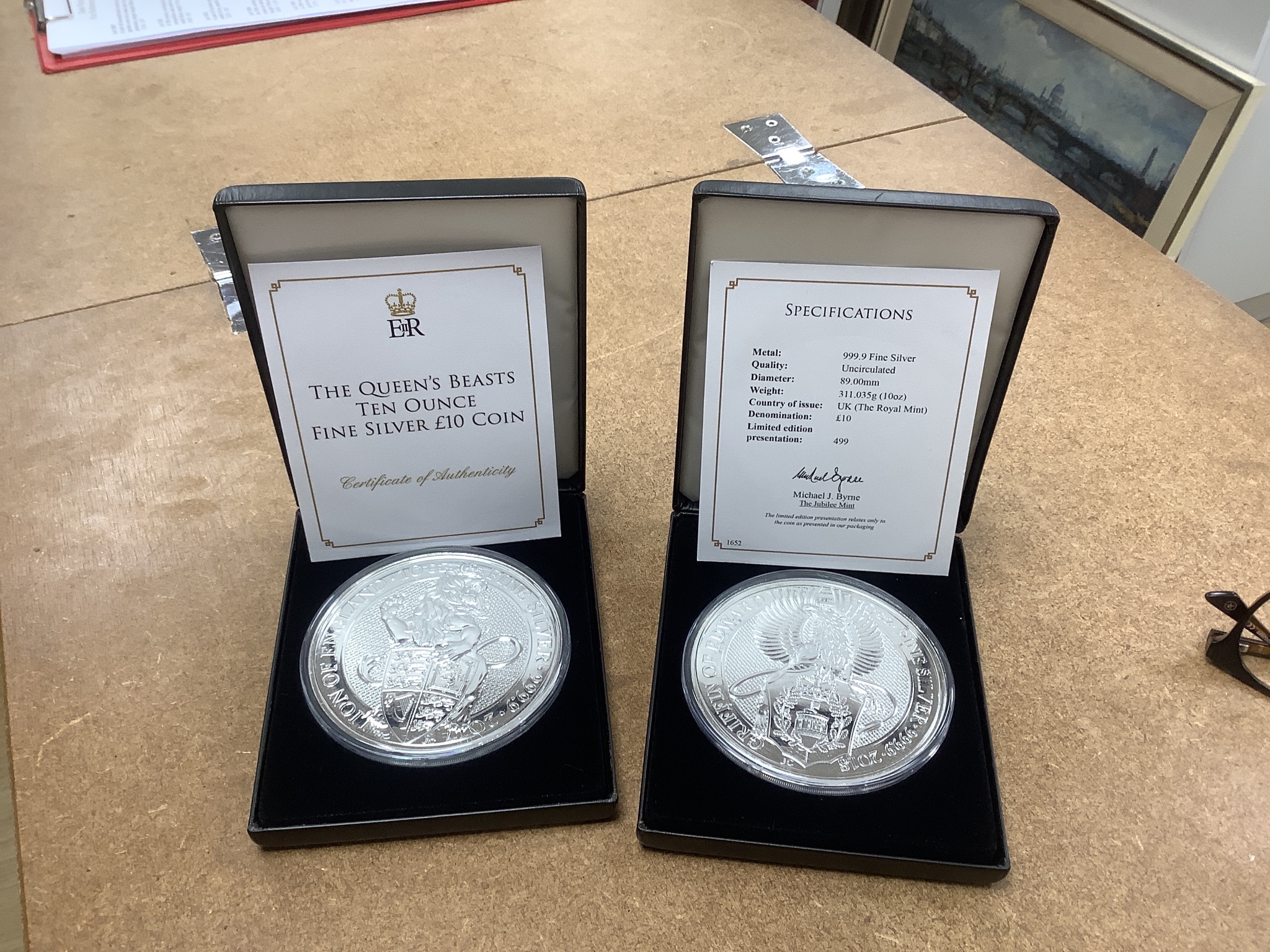 Two Jubilee Mint Queen's Beasts 10oz silver £10 coins and a 2016 E&P Birthday silver proof three coin set